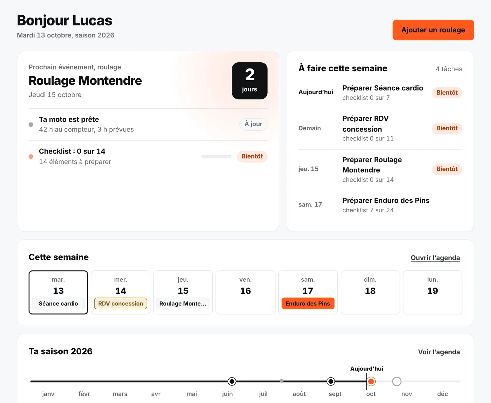 Accueil de MY/RIDER : prochain roulage, tâches de la semaine et saison